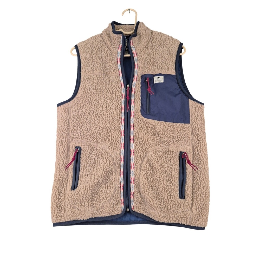 Penfield Mens Sherpa Pile Fleece Vest Beige Navy Blue Full Zip Aztec Trim Medium